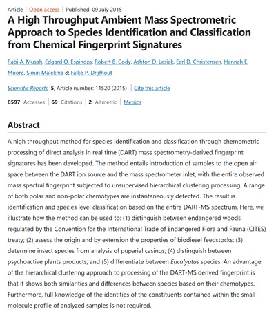 A High Throughput Ambient Mass Spectrometric Approach to Species Identification